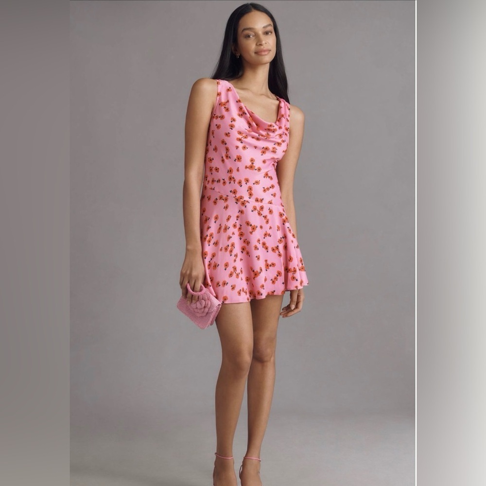 Anthropologie NEW Cowl-Neck Satin Mini floral Dress M summer romantic brunch - Picture 3 of 11